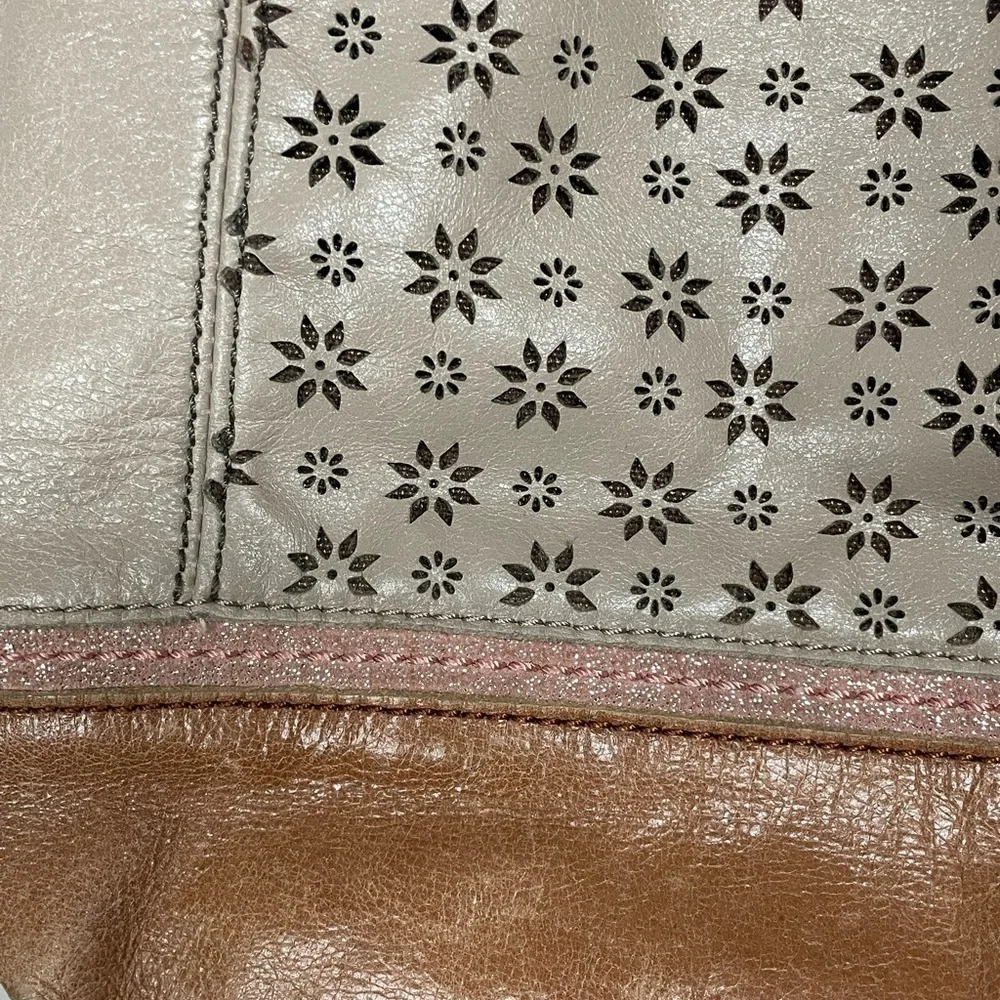 The Sak Light Brown Leather Hobo Bag Floral Accent